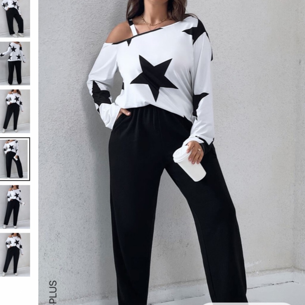 Plus Star Print Asymmetrical Neck Tee & Wide Leg Pants size 2X NWOT